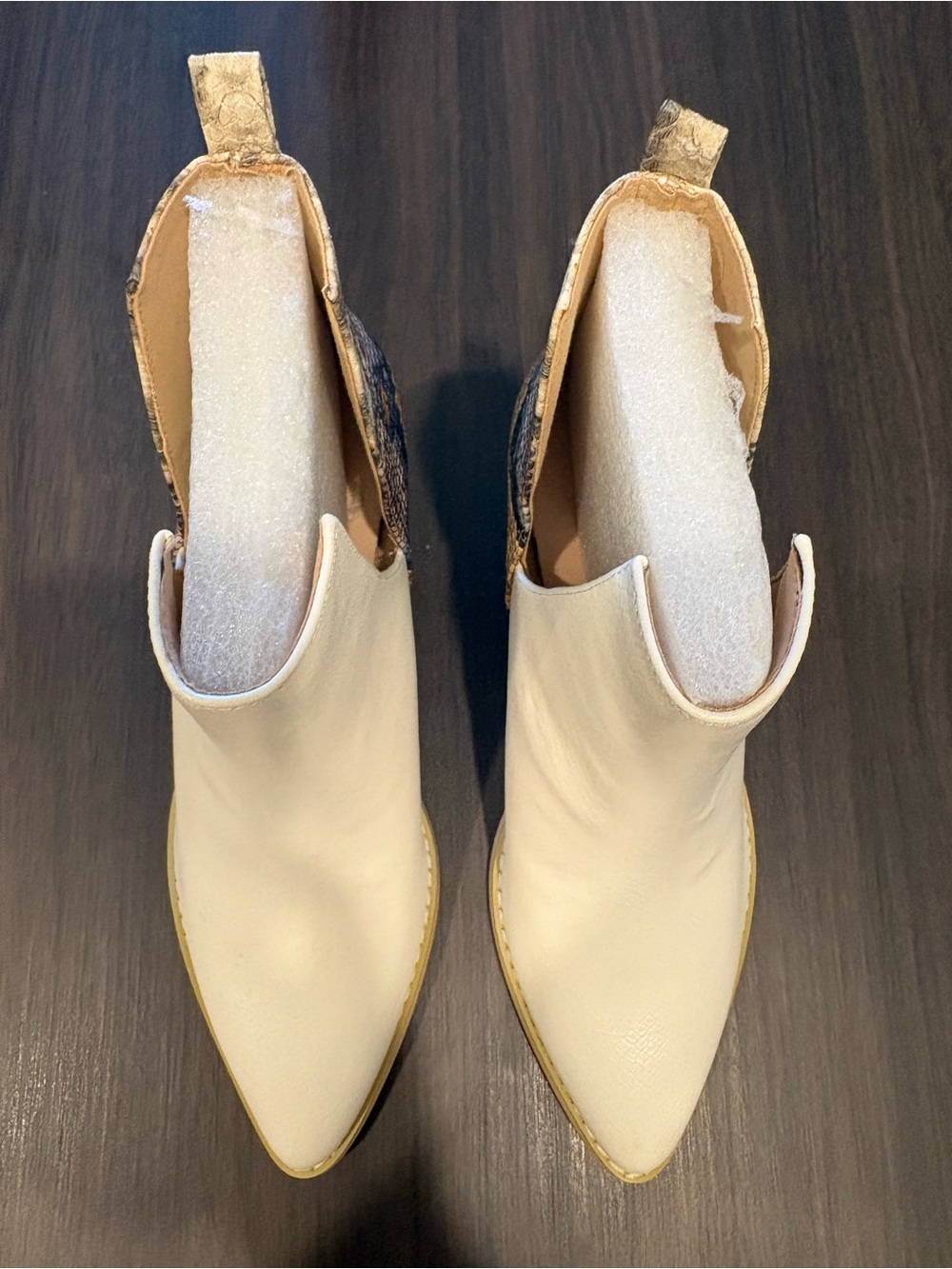 Pointed Cream Ankle Booties with Textured Pull-Tab
